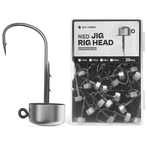 Ned Rig Jig Heads, 20 Pack Finesse Mushroom Jig Hooks Kit for Bass Fishing 1/16 3/32 1/8 3/16oz - style: Assorted Weight, 20 Packs