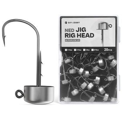 Ned Rig Jig Heads, 20 Pack Finesse Mushroom Jig Hooks Kit for Bass Fishing 1/16 3/32 1/8 3/16oz - style: Assorted Weight, 20 Packs
