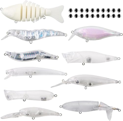 Blank Fishing Lure Kit,Unpainted Popper Plug Lures DIY Crank Bait Set Fishing Pliers Treble Hooks 3D/4D Lure Eyes Bait Sticker Split Rings,Fish Tackle Accessories Kits - color: Lure Kit-10pcs