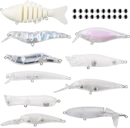 Blank Fishing Lure Kit,Unpainted Popper Plug Lures DIY Crank Bait Set Fishing Pliers Treble Hooks 3D/4D Lure Eyes Bait Sticker Split Rings,Fish Tackle Accessories Kits - color: Lure Kit-10pcs