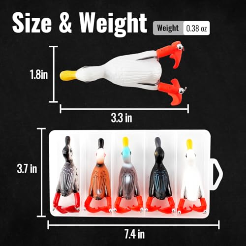 Topwater Duck Lures for Bass Fishing, 5pcs Realistic Soft Weedless Duck Bait Floating with Tackle Box Freshwater Saltwater Pike Musky Catfish Topwater Swimbait Duckling Lure