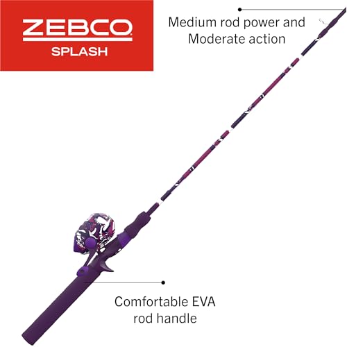 Zebco Splash Spincast Reel and Fishing Rod Combo, Fiberglass Rod, Ball Bearing System, All Metal Gears, 8-Pound Line - color: Tidepool Purple
