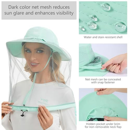 BASSDASH UPF 50+ Mosquito Sun Hat with Hidden Head Net and Neck Flap for Men Women Outdoor Fishing Hiking Camping - color: Pastel Teal