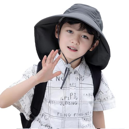 Rosoz Kids Sun Hat with Neck Flap UV Protection Summer Toddler Beach Hat Unisex Ponytail Hat Wide Brim Fishing Hat - color: 2pack-blue+dark Grey