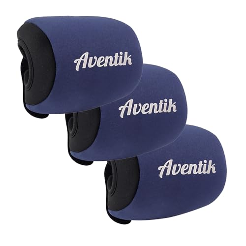 Aventik Neoprene Conventional Reel Cover Round Reel Gloves Trolling Reels Storage Reel Pouch Fits 800 1000 2000 3000 4000 5000 6000 Series Fishing Reels - color: 3pcs-Black/Blue, size: XL:5.1''W x 3.5''D