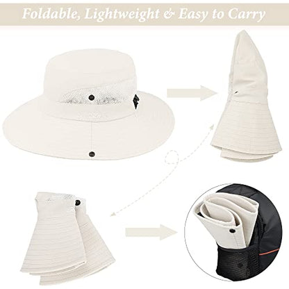 Sun Hat for Women Summer UV Protection Beach Hat Wide Brim Mesh Bucket Fishing Hat with Ponytail Hole Foldable Packable Hat - color: Beige(with Ponytail Hole)