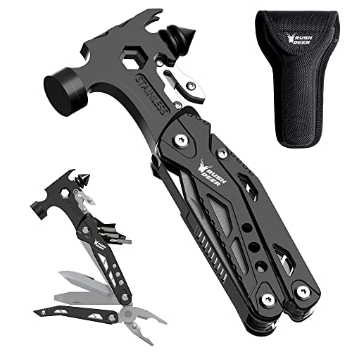 Rush Deer Camping Essentials Multitool,16 in 1 Multi Tool Survival Gear with Hammer, Pliers, Knife, Screwdrivers, Bottle Opener & Car Safety Hammer, for Camping, Hiking, Gift for Dad Him - style: Upgraded Version