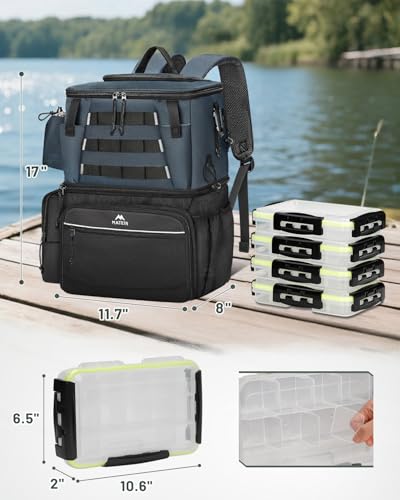 MATEIN Fishing Backpack with 4 Tackle Boxes, Fishing Bag with Rod Holder | 3600 Tackle Box 4 Pack, Water Resistant Tackle Backpack with Cooler Compartment, Safety Compass, Gifts for Fishermen - color: Grey Black