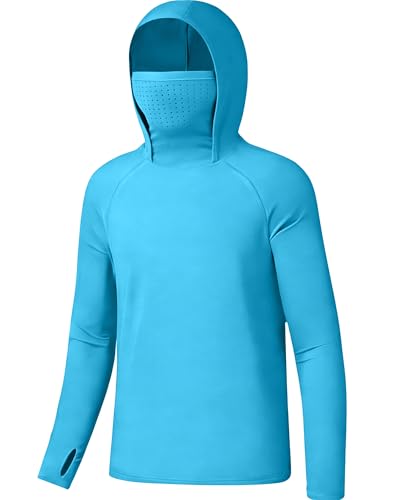 Boys Hooded Fishing Shirt with Mask, Kids UPF 50+ Long Sleeve Rash Guard Hoodie, Sun Protection Beach Swim Shirts - color: Light Blue, size: X-Large