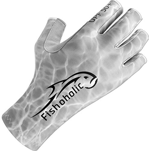 Fishoholic UPF50+ Fingerless Fishing Gloves - Sticky Grip Sun Protection Glove - Kayaking Paddling or Rowing - color: Grey H2O Camo, size: L / XL
