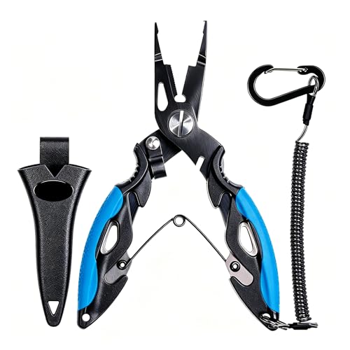 7.5" 420 Stainless Steel Fishing Pliers - Uni-Body Construction, Lightweight Corrosion-Resistant Fishing Tool with Multi-Function Jaws, Braid Cutters, Sheath, Lanyard & Carabiner (light blue) - color: Light Blue