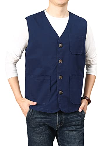 PRIJOUHE Men's Casual Outdoor Cotton Vest Lightweight Breathable Multi-Pocket Fishing Safari Travel Vests Outwear - color: 02-navy, size: Small