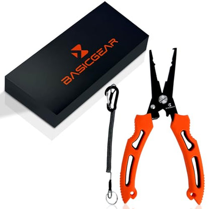 BasicGear Multi-Functional Fishing Pliers - 7" 420 Stainless Steel Head with Teflon Coating, Built-in Spring & Lock, Non-Slip Rubber Grip - color: 420 Stainless Steel