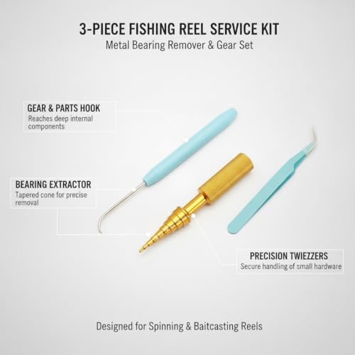 3-Piece Fishing Reel Maintenance Tool Kit - Metal Bearing Remover & Gear Service Set for Spinning and Baitcasting Reels - color: Gold
