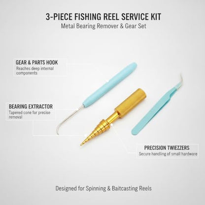 3-Piece Fishing Reel Maintenance Tool Kit - Metal Bearing Remover & Gear Service Set for Spinning and Baitcasting Reels - color: Gold