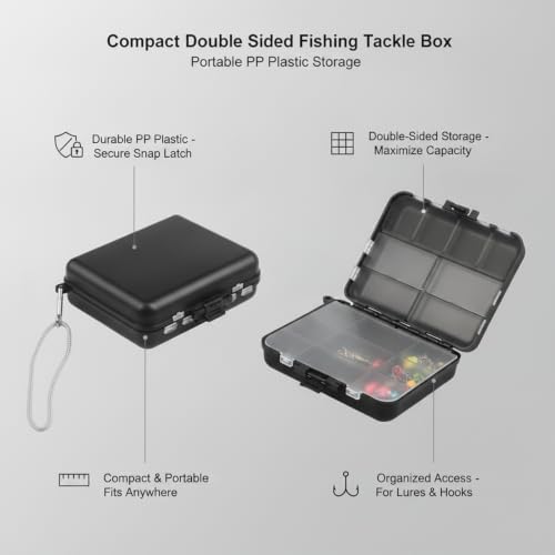 Fits Standard Vest Pockets and Kayak Hatches: Compact Double-Sided Fishing Tackle Box for Lures and Hooks, Black PP Plastic Storage Container - size: 4.57 x 3.62 x 1.26 in