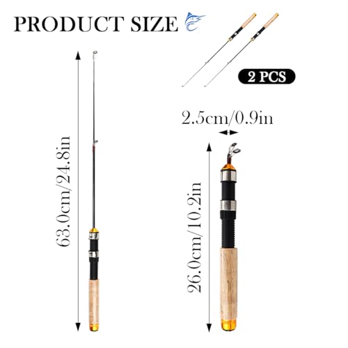 Telescopic Ice Fishing Rod, 2 Packs Mini Fishing Rod Cork HandlePortable Travel Fishing Pole for Saltwater Freshwater Fishing, 25Inch