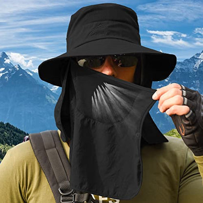 Fishing Hat for Men Sun Protection Hat with Removable Mesh Face Neck Flap Cover Windproof Strap for Men and Women - color: Black