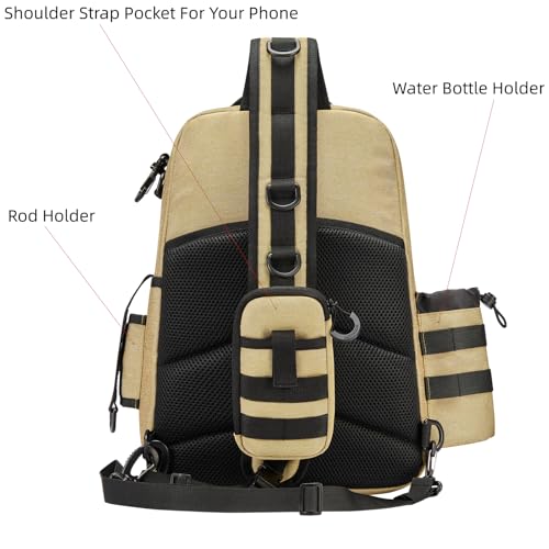 22L Wading Fishing Tackle Sling Bag, Holds 3x 3700 Boxes, Tan | Hands Free Lure Casting, Large Crossbody Shoulder Backpack with Rod Holder, Water Bottle Holder, 12 Heavy Duty D Rings - color: Tan