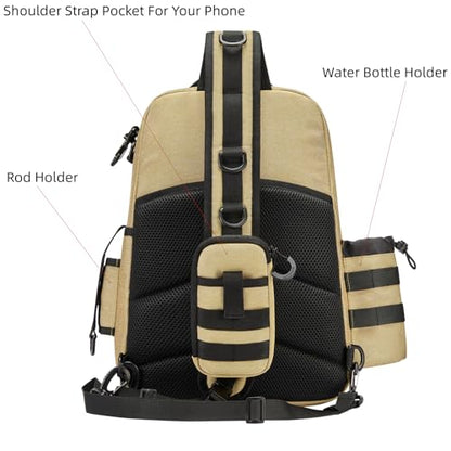 22L Wading Fishing Tackle Sling Bag, Holds 3x 3700 Boxes, Tan | Hands Free Lure Casting, Large Crossbody Shoulder Backpack with Rod Holder, Water Bottle Holder, 12 Heavy Duty D Rings - color: Tan