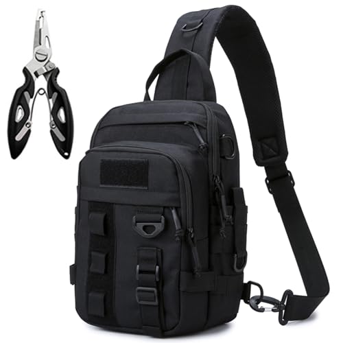 Fishing Sling Tackle Bag 5L - Fishing Tackle Storage Bags with Rod Holder for Angling Hiking Hunting Camping (Black) - color: Black