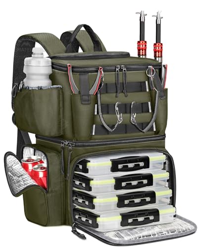 MATEIN Fishing Backpack with 4 Tackle Boxes, Fishing Bag with Rod Holder | 3600 Tackle Box 4 Pack, Water Resistant Tackle Backpack with Cooler Compartment, Safety Compass, Gifts for Fishermen - color: Olive Green