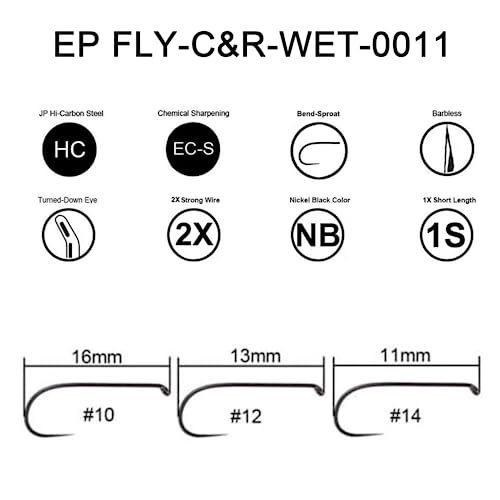 Eupheng Fly Fishing Hooks 100pc Pack Barbless Catch & Release Dry Wet Nymph Shrimp&Pupa, Streamer, Caddis, Jig, Scud Flies Fishing Hooks - color: EP Fly-C&R-WET-0011, size: #14