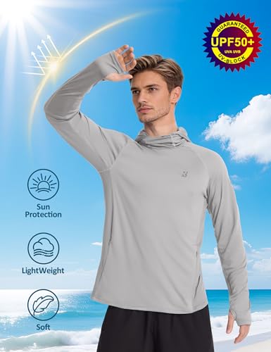 Roadbox Mens UPF 50+ Sun Protection Hoodie, Long Sleeve Fishing Shirt with Mask, Lightweight UV SPF Hooded for Hiking Running - color: Grey, size: X-Large
