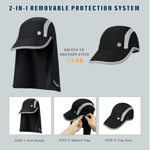 Fishing Hat with Removable Neck Flap, Foldable Sun Protection Baseball Cap - color: Black
