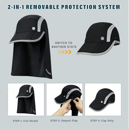 Fishing Hat with Removable Neck Flap, Foldable Sun Protection Baseball Cap - color: Black