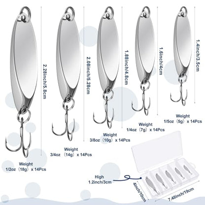 HESTYA Fishing Lures Spoons Saltwater Treble Trout Lures Hard Metal Spinner Baits 5 Sizes Casting Spoon Hooks for Salmon Bass in 1/5 1/4 3/8 1/2 3/4 oz - color: Silver