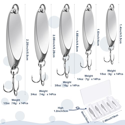 HESTYA Fishing Lures Spoons Saltwater Treble Trout Lures Hard Metal Spinner Baits 5 Sizes Casting Spoon Hooks for Salmon Bass in 1/5 1/4 3/8 1/2 3/4 oz - color: Silver