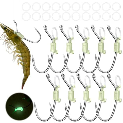 KANAMA Luminous Live Shrimp Hooks - High Carbon Steel Fishing Hooks Saltwater Corrosion Resistant Barbed Strong Hooks Freshwater Shrimp Walker, Ideal for Bass, Groupers, Pike, Catfish & More - size: M ×10