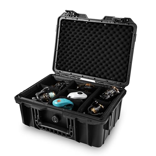 Fishing Reels Storage Case 15Inches,Heavy Duty Waterproof Fishing Wheel Protective Hard Case, Tackle Collection Holder Box, 9pcs Adjustable Shockproof Dividers (Black) - color: Black