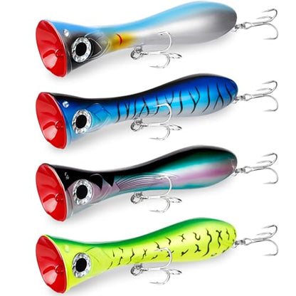8-Inch Tuna Popper with Treble Hooks,4 Pcs Popper Saltwater Fishing Lures, Large Topwater 3D Eyes Surf Fishing Lure for Striper Barracuda Mackerel Snapper Bluefish Pencil Plugs Offshore