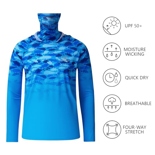 BASSDASH Youth UPF 50+ Hooded Shirts with Mask UV Neck Gaiter Sun Protection Long Sleeve T Shirt for Fishing Swim - color: Blue Fish Gradient, size: Small