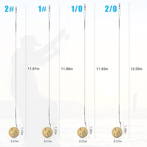 Saltwater Snelled Fishing Hooks with Leader Rig, 24pcs Steel Fishing Wire Leaders with Hook Swivel 11.9in Pre-Tied Wire Trace for Saltwater Freshwater Toothy Predators Bluefish Mackerel - size: 1/0_24pcs