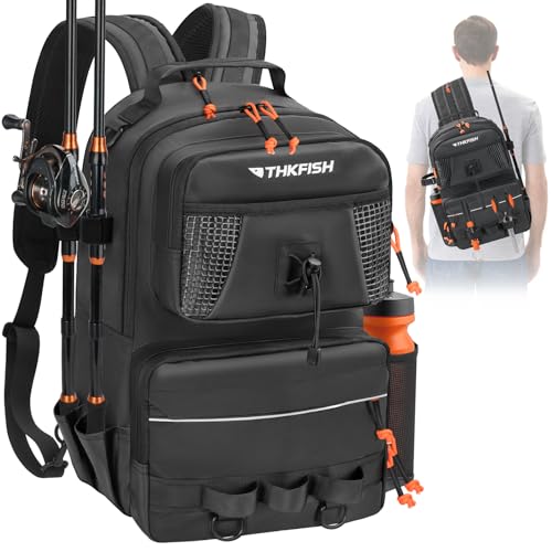 THKFISH Waterproof Fishing Backpack with Rod Holder, 20L Lightweight Fishing Tackle Sling Bag Store Gear and Equipment - color: Black