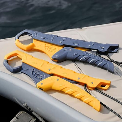 SNAIL TRAIL 7.5'' Floating Fish Gripper, Fishing Grabber | Catfish Mouth Pliers, Caught Bass Holder, Fish Scale Hook Clamp, Saltwater Lip Grip Tool with Lanyard, Gifts for Men - color: Yellow-gray