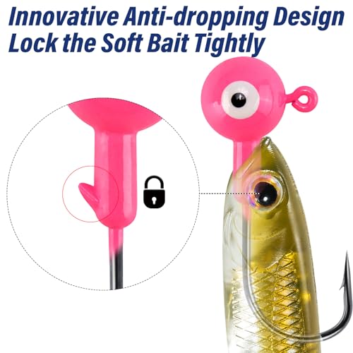 Alwonder 10-Pack Round Fishing Jig Heads, Bass Ball Jigs Hooks 3D Eyes High Carbon Steel 1/8-1/2OZ Pompano Jig Head Saltwater Freshwater Jigs Heads for Fishing Pompano Bass Trout Walleye Striper - color: Pink, size: 1/2oz