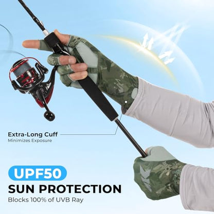 KastKing Agies Fishing Gloves Men, UPF 50+ Sun Gloves UV Protection, Cooling Quick-Dry 3/4 Fingerless Gloves with Extended Cuff, Microfiber Palm & Pull Tabs, for Fishing, Kayaking, Hiking, Hunting - color: X Camo-Olive Green, size: Large-X-Large