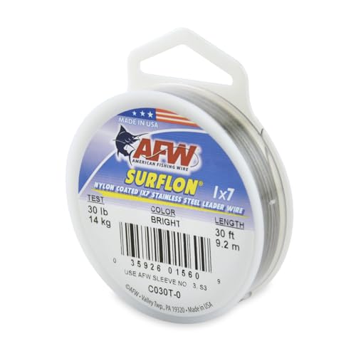 American Fishing Wire Surflon Nylon Coated 1x7 Stainless Steel Wire Leader - Wire Fishing Leader Line for Saltwater 10lb Up To 250lb Test in Bright, Black, Camo in 30ft, 100ft, 300ft, & 1000ft Lengths - color: Bright, style: 30 Feet, 30 Pound Test