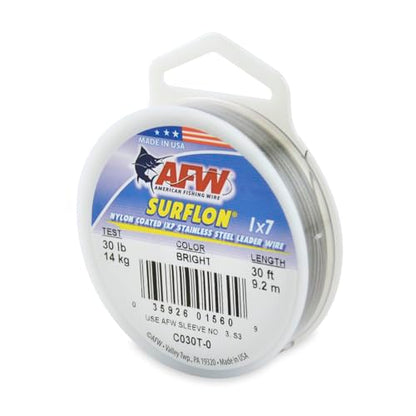 American Fishing Wire Surflon Nylon Coated 1x7 Stainless Steel Wire Leader - Wire Fishing Leader Line for Saltwater 10lb Up To 250lb Test in Bright, Black, Camo in 30ft, 100ft, 300ft, & 1000ft Lengths - color: Bright, style: 30 Feet, 30 Pound Test