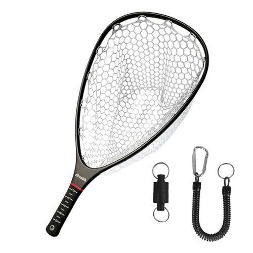 Aventik Fly Floating Fishing Net Carbon Fiber Landing Trout Net Light Weight Clear Rubber Ghost Net Catch & Release - color: Standard Black with Black magnetic release