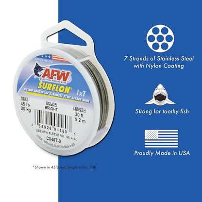 American Fishing Wire Surflon Nylon Coated 1x7 Stainless Steel Wire Leader - Wire Fishing Leader Line for Saltwater 10lb Up To 250lb Test in Bright, Black, Camo in 30ft, 100ft, 300ft, & 1000ft Lengths - color: Bright, style: 100 Feet, 210 Pound Test