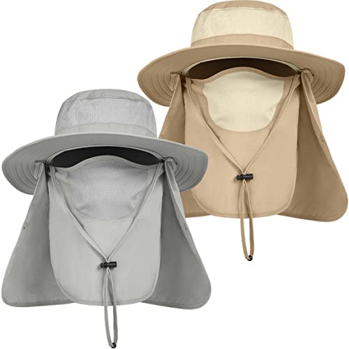 IYEBRAO Mens Outdoor Sun Hat with Face Neck Flap UV Protection Wide Brim Fishing Hat for Hiking Safari Gardening UPF 50+ - color: 2 Pack-light Gray & Khaki
