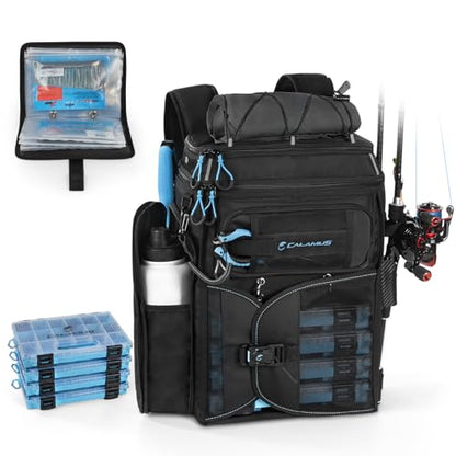 Calamus GearMaster Tackle Backpack with Bait Binder, Large Lightweight Water-Resistant Fishing Bag, Rod Holders, Food Storage - color: Black With (4) 3600 Tackle Boxes