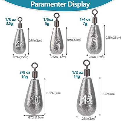 THKFISH Fishing Weights Sinkers Set, 28PCS Fishing Sinker Drop Shot Weights Kit,Drop Shot Rig Wacky Hooks for Saltwater Freshwater Bass Fishing - size: D-28pcs-Waterdrop Shape