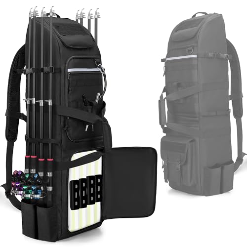 Rexmica Fishing Rod Tackle Bag Fishing Backpack Holds 8 Rods & Reels | Large Compartment, Tactical Molle System, Holds 5pack 3700 Tackle Box, 8 Rod Holder, for Tackle Box/Fishing Gear/Fishing Pole