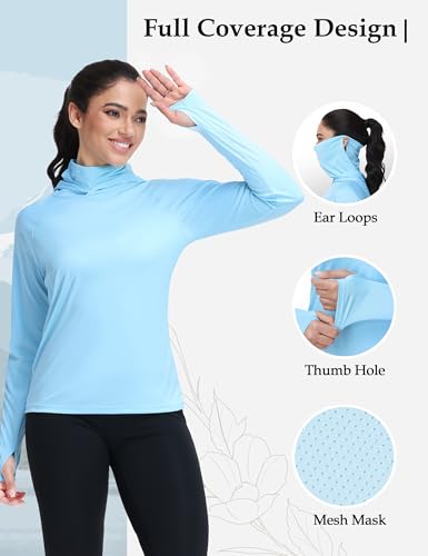 isnowood Women's Sun Protection Hoodie UPF 50+ Hiking Fishing Shirt, Long Sleeve UV Rash Guard with Face Mask Lightweight - color: Light Blue, size: Small